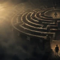 Person walking a labyrinth toward a luminous center in a peaceful setting