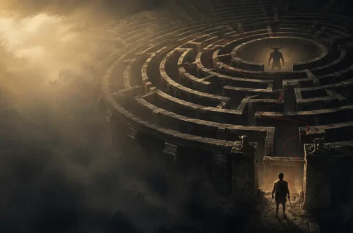 Person walking a labyrinth toward a luminous center in a peaceful setting