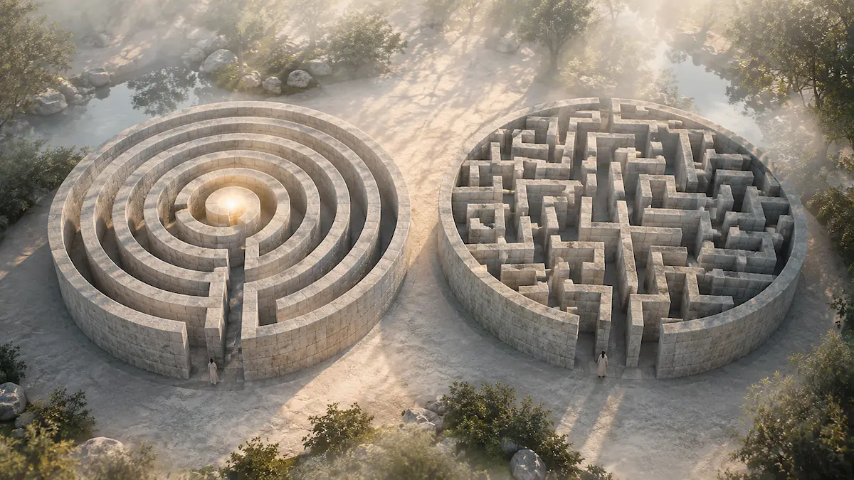 High-walled unicursal labyrinth beside a branching maze with dead ends