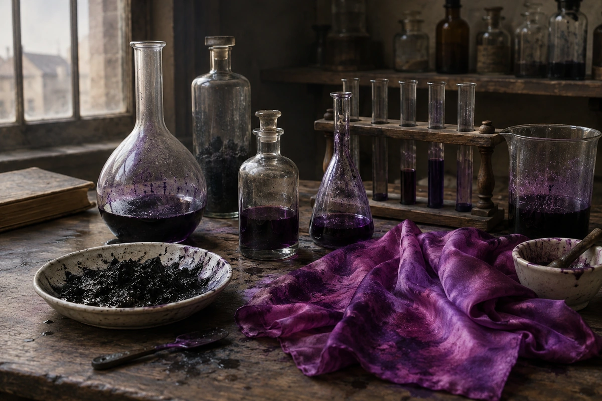 Nineteenth-century chemistry glassware beside silk stained vivid mauve purple