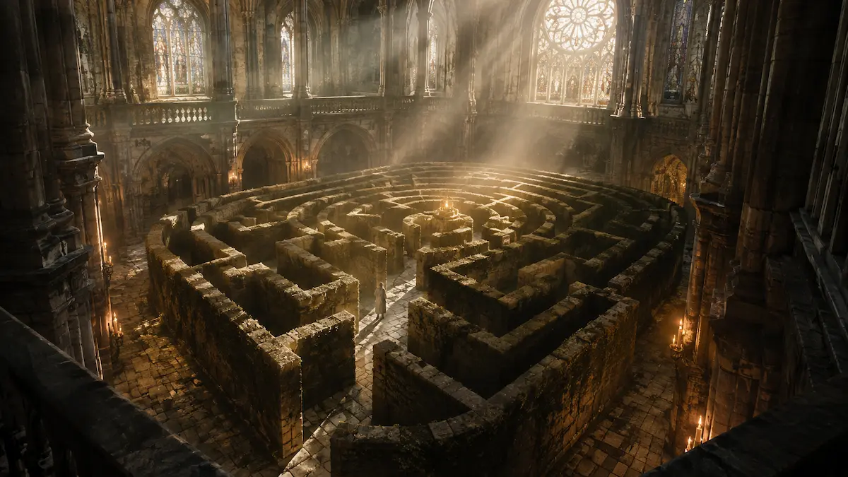 Symbolic high-walled labyrinth inside a medieval Gothic cathedral