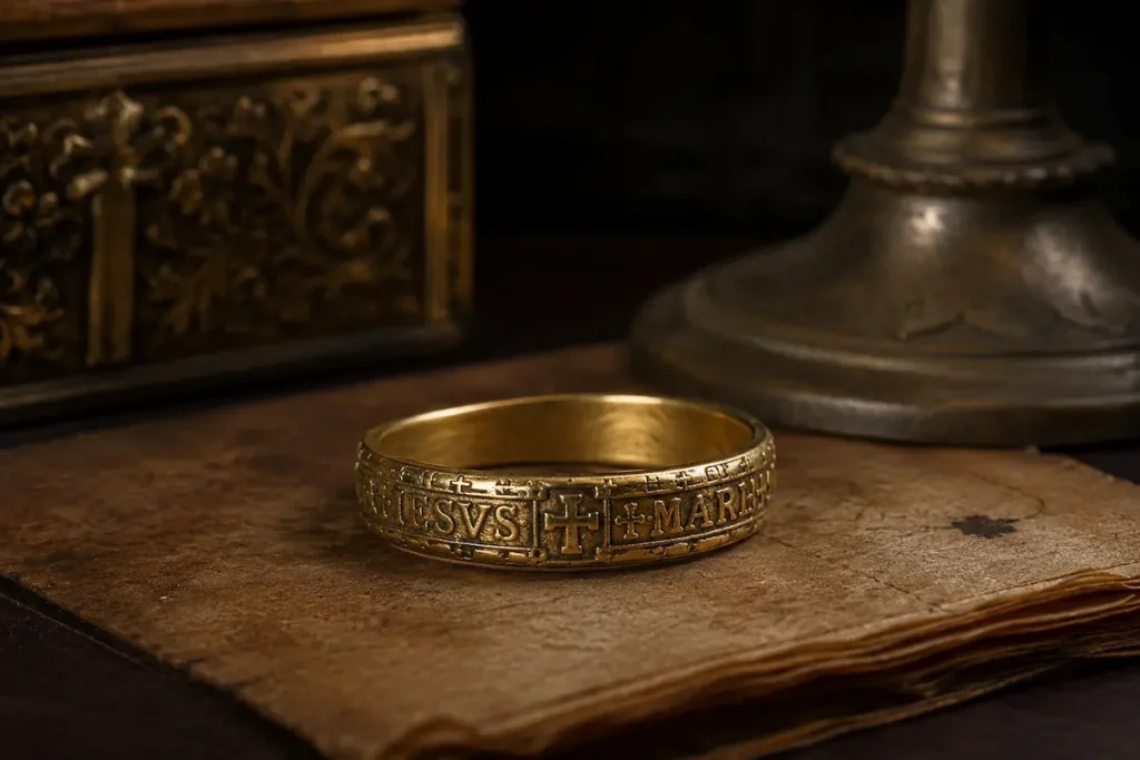 Medieval-style gold devotional ring engraved with crosses and religious lettering