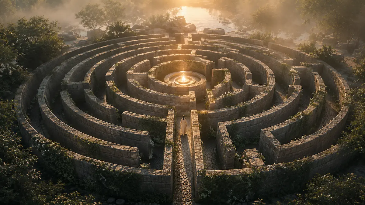 Person walking through a high-walled garden labyrinth at sunrise