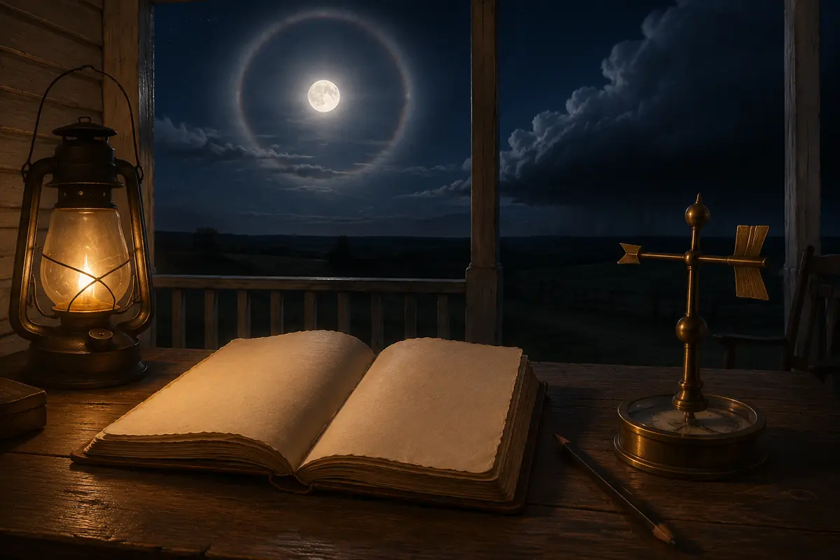 Editorial illustration of a weather journal and instrument beneath a moon halo