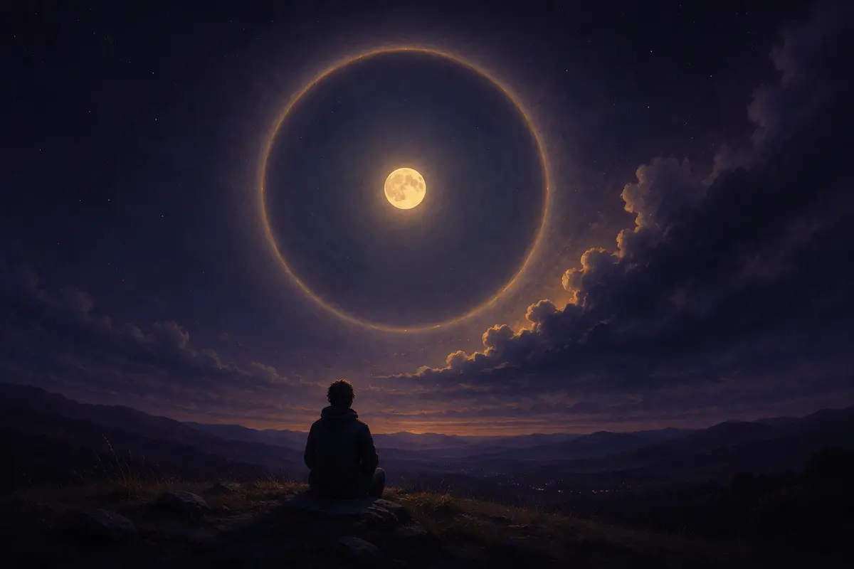Observer beneath a golden moon halo symbolizing boundaries and attention