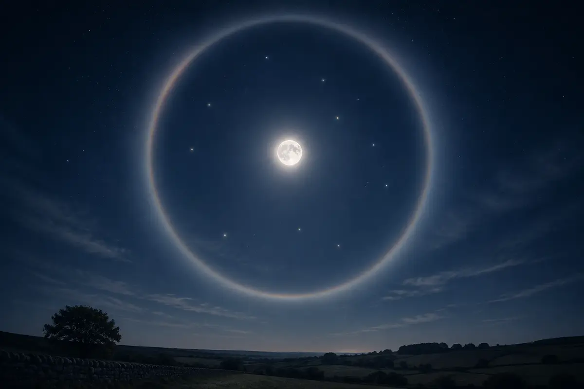 Editorial illustration of stars visible inside a large circular moon halo