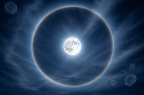 Moon halo meaning illustrated with ice crystals and a luminous ring around the Moon