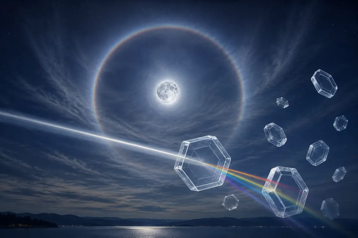 Editorial illustration of moonlight refracting through hexagonal ice crystals to form a lunar halo