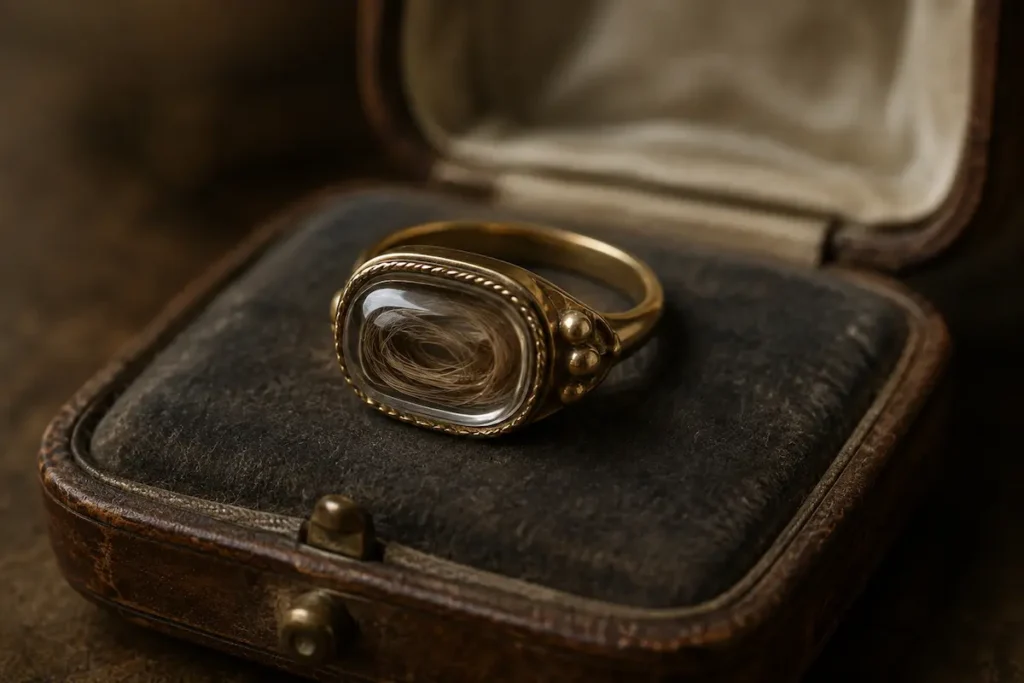 Gold mourning ring with a glass compartment containing a lock of hair