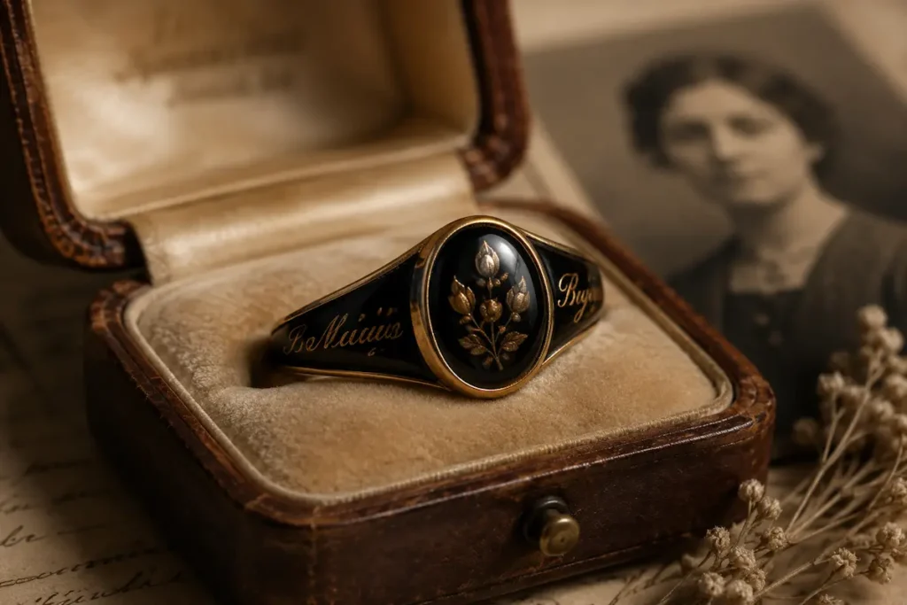 Black enamel mourning ring with gold memorial details in a vintage box