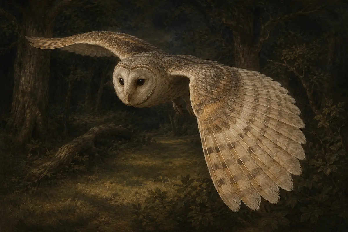 Great Horned Owl illustrated at dusk with its eyes and facial disc clearly visible