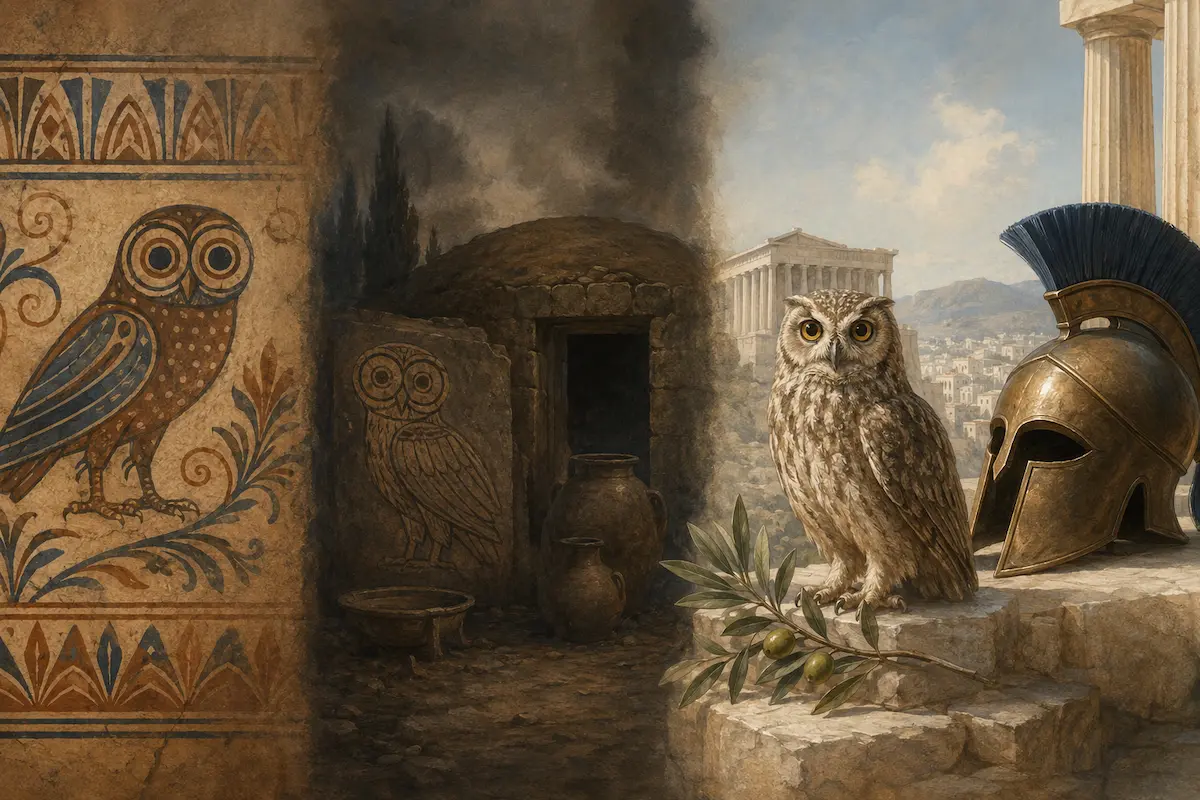 Editorial timeline showing changing owl symbolism across periods of Greek history