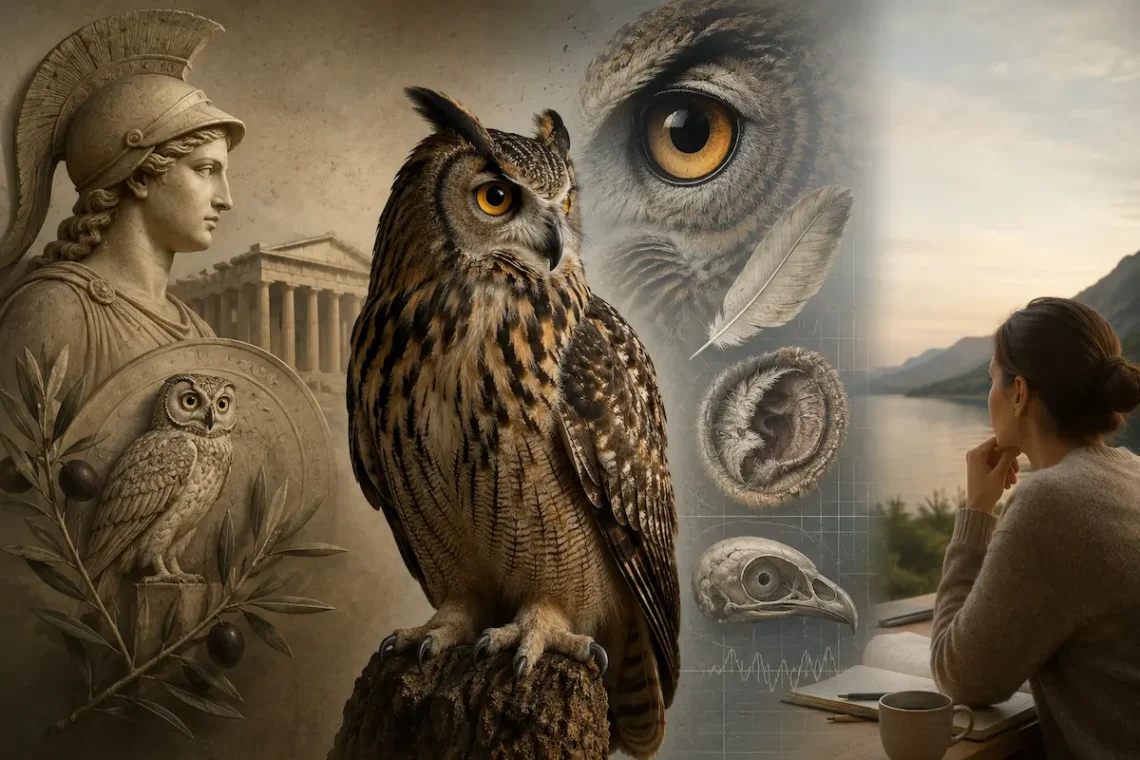 Owl linking ancient Greek wisdom symbolism with real biological traits and modern interpretation