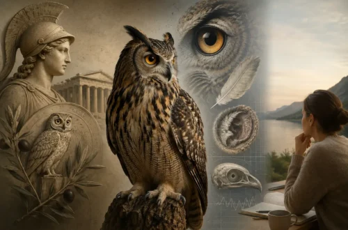 Owl linking ancient Greek wisdom symbolism with real biological traits and modern interpretation