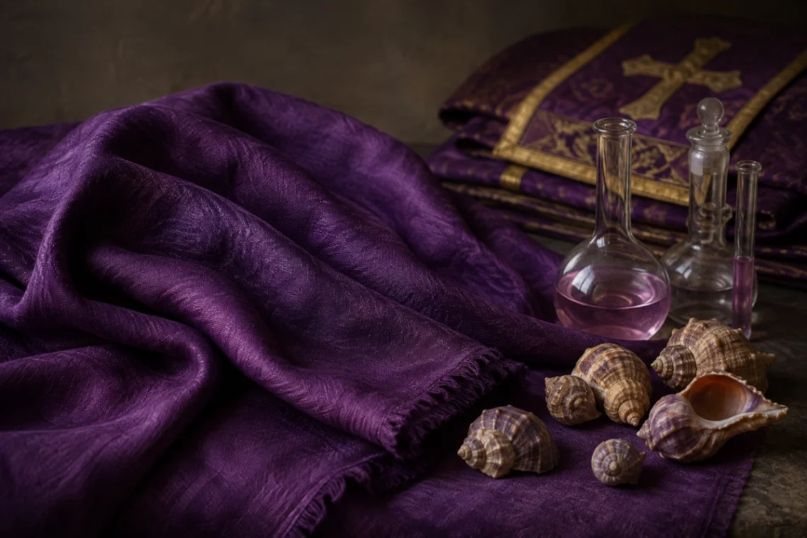Purple color symbolism shown through rare dye, mauve chemistry, and violet liturgical fabric