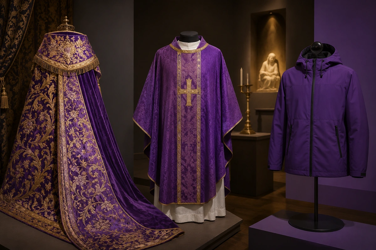 Purple shown in historical status, Roman Catholic liturgy, and modern clothing contexts
