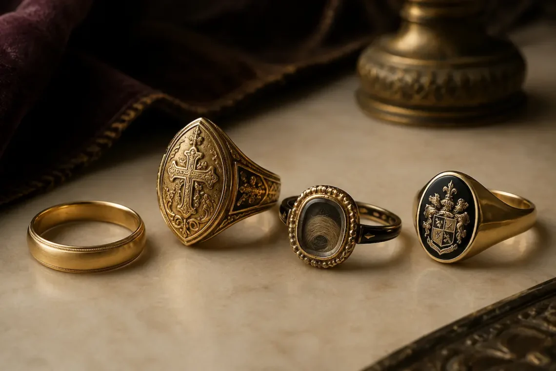 Historical rings representing vows, status, faith, remembrance, and identity