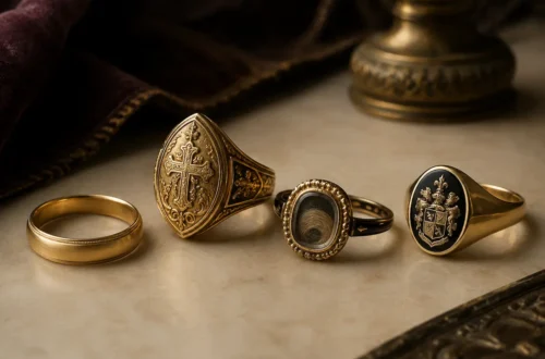 Historical rings representing vows, status, faith, remembrance, and identity
