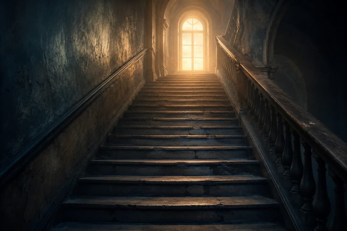 Dark staircase leading toward a lit window, showing direction and destination in a stairs dream