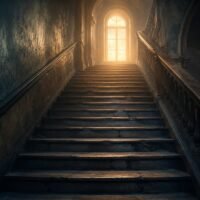 Dark staircase leading toward a lit window, showing direction and destination in a stairs dream