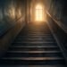 Dark staircase leading toward a lit window, showing direction and destination in a stairs dream