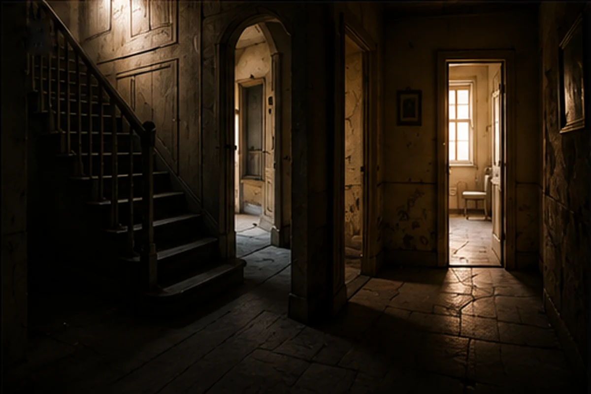 Staircase leading to a partly open doorway and an unfamiliar room
