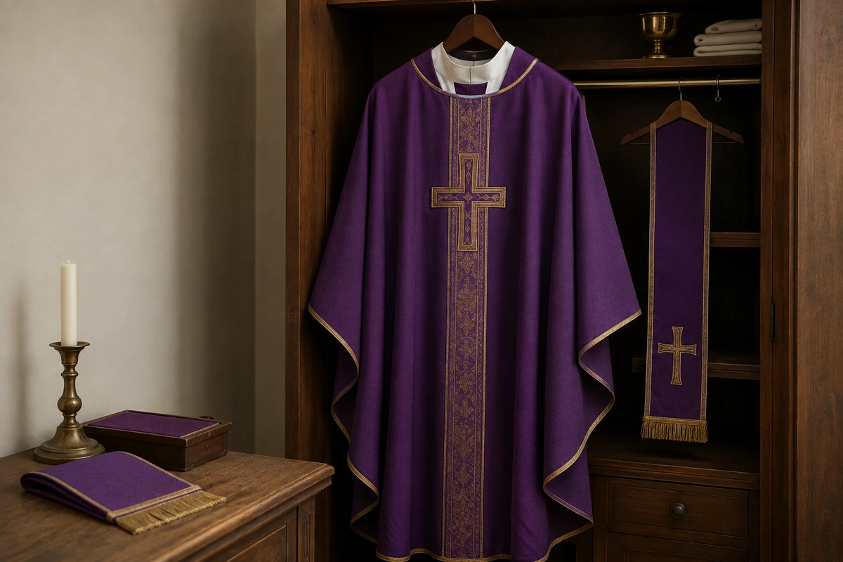 Violet Roman Catholic chasuble and stole arranged in a sacristy setting