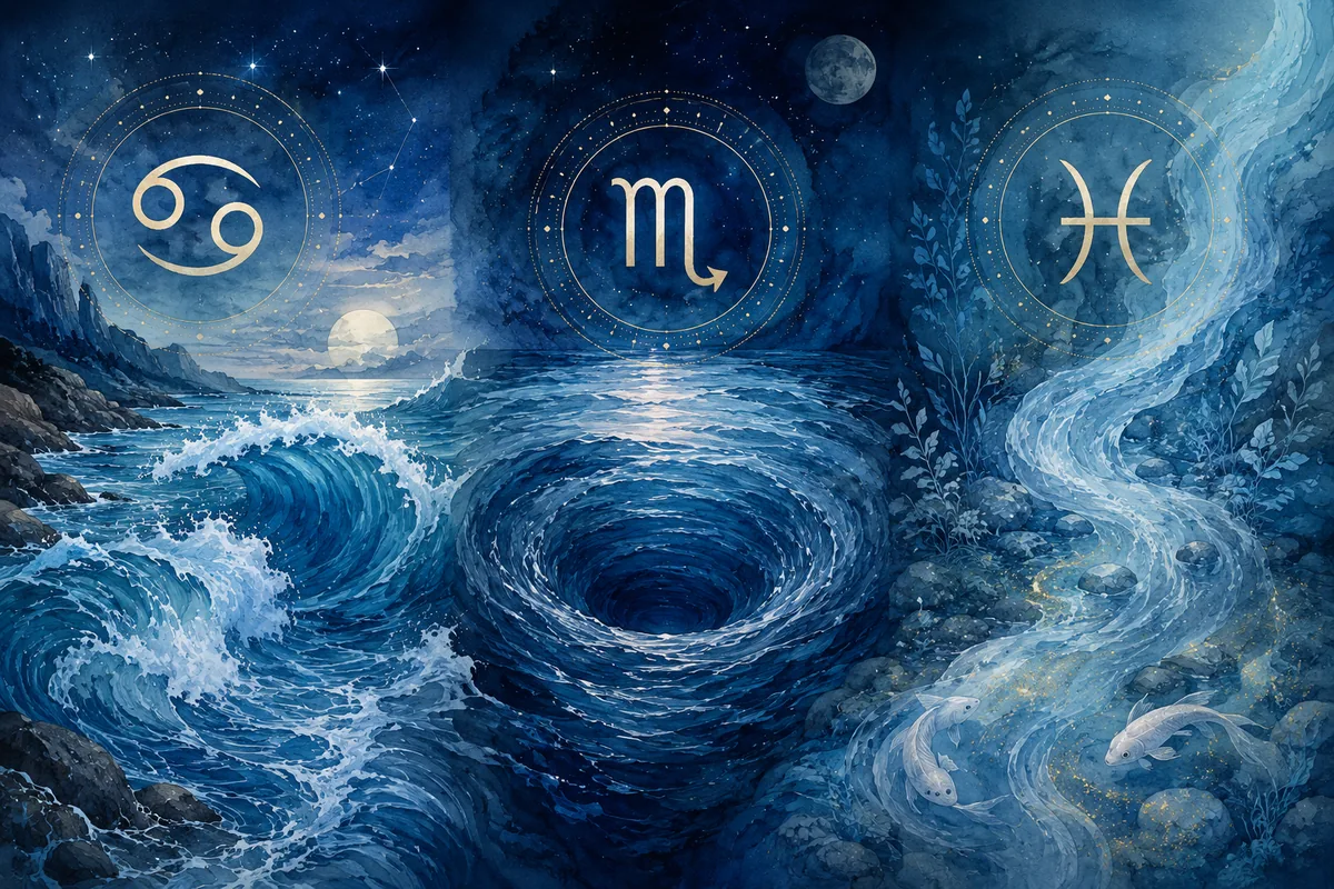 Water element with Cancer, Scorpio, and Pisces zodiac symbols