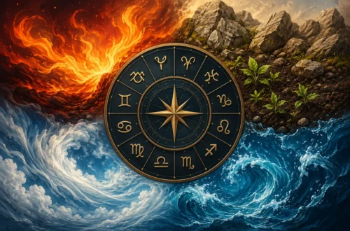 Zodiac wheel surrounded by symbolic fire, earth, air, and water