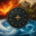 Zodiac wheel surrounded by symbolic fire, earth, air, and water