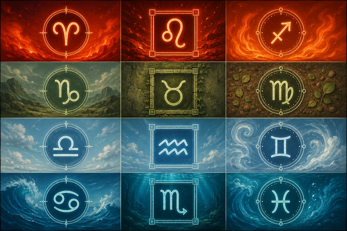 Zodiac elements meaning diagram arranging the signs by element and modality