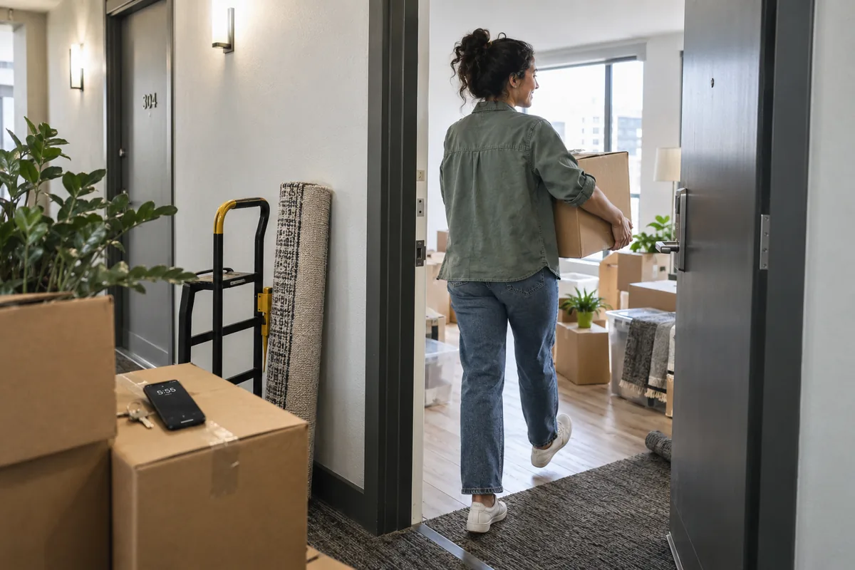 Person carrying a box while a move is underway