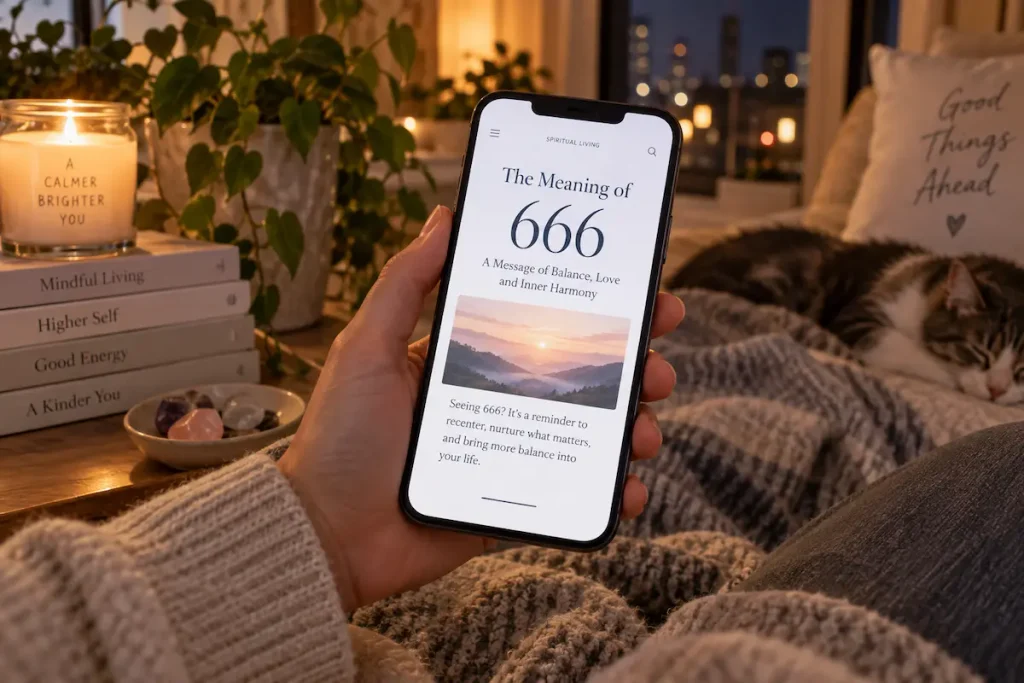 Modern article about 666 as an angel number viewed on a smartphone in a calm home setting