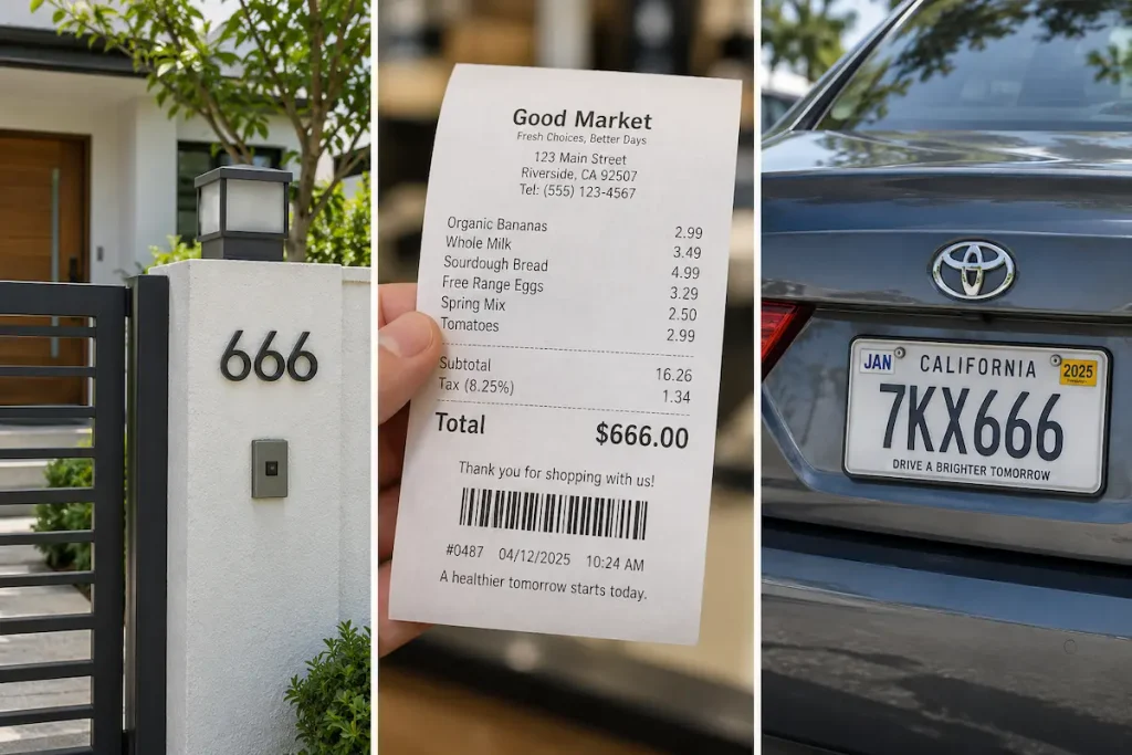 666 angel number meaning illustrated by a house number, a receipt total, and a license plate showing 666