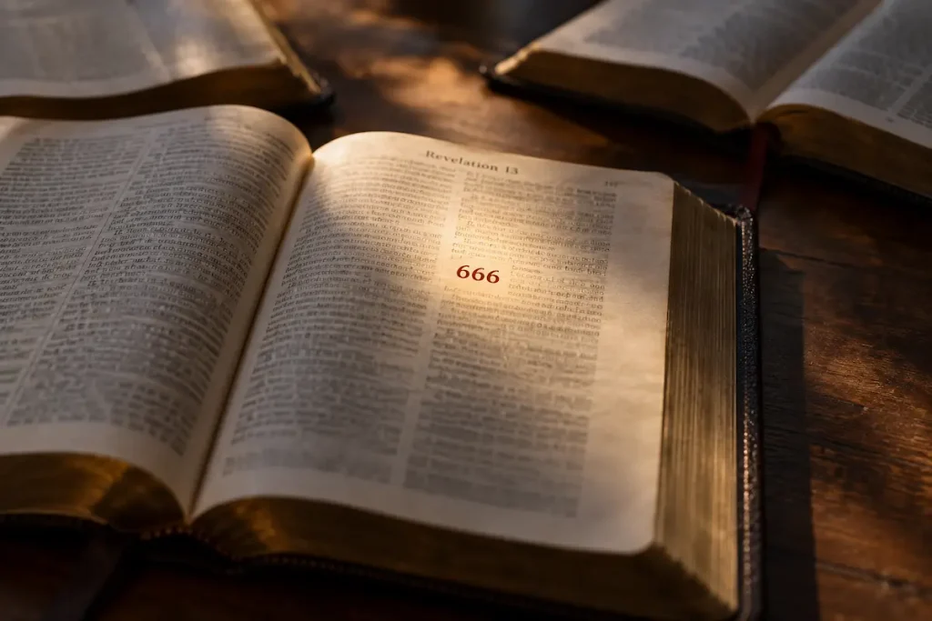 Open Bible showing 666 in Revelation 13 with other Bible editions in the background