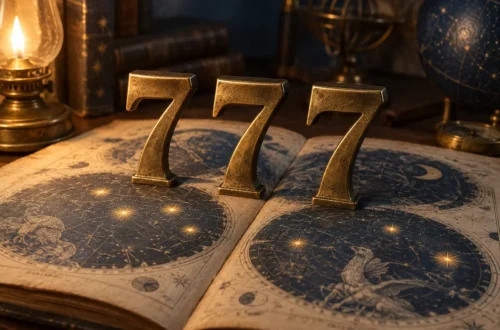 Three brass number sevens standing on an open antique star atlas in warm lamplight