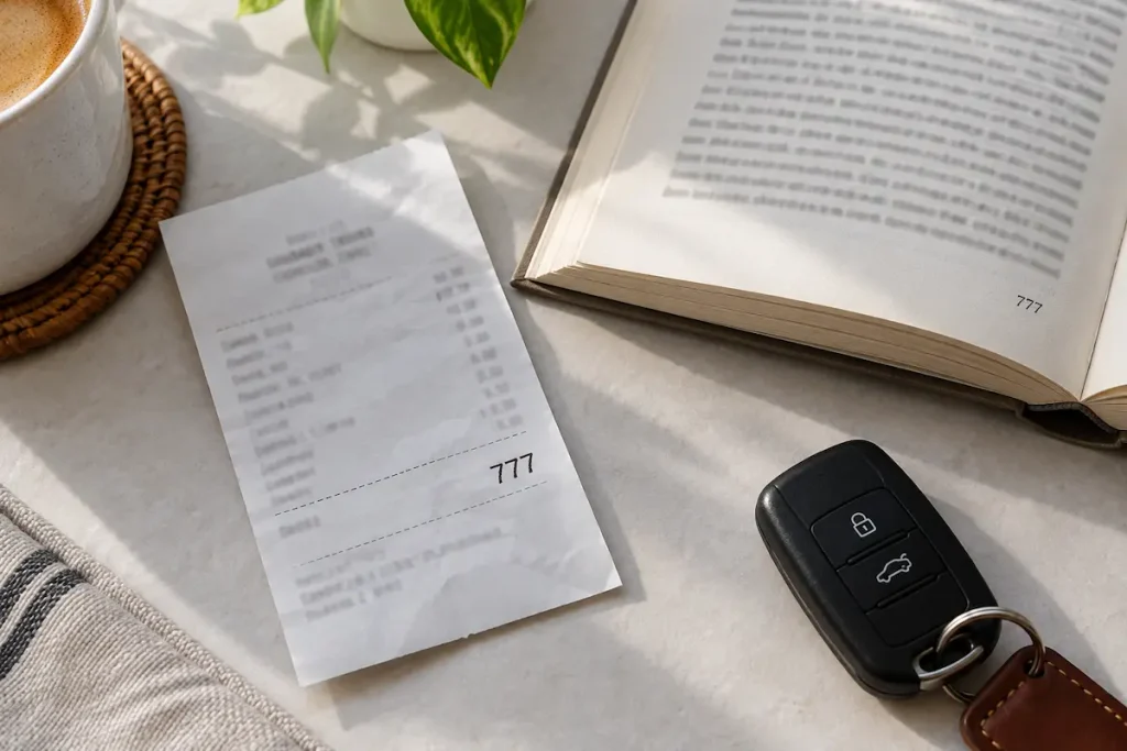 The number 777 on a paper receipt and on the corner of an open book page