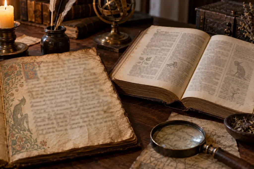 Old manuscript and dictionary with a subtle elf motif representing a disputed Old English ailment