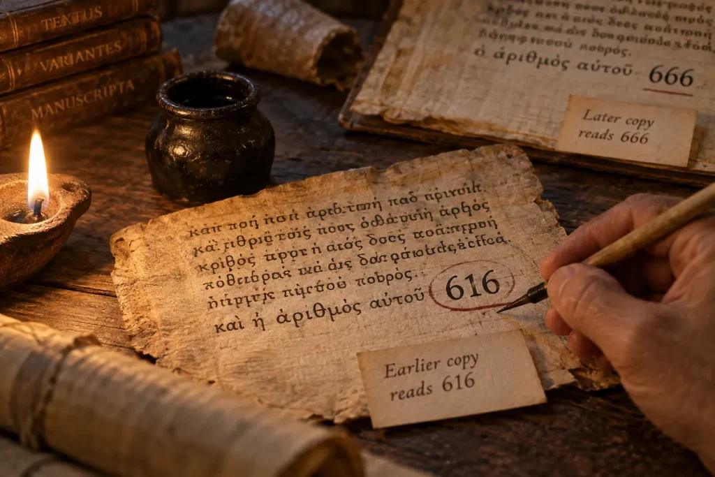 Conceptual ancient manuscript comparison showing the 616 and 666 variants of the Number of the Beast