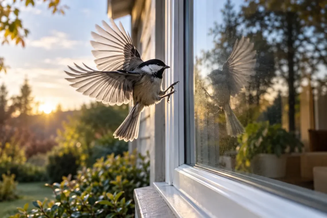 Small songbird flying toward a reflective house window that mirrors trees and sky