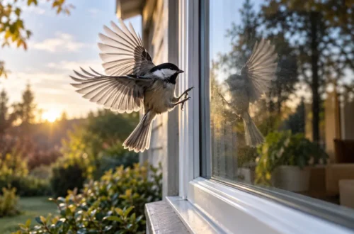 Small songbird flying toward a reflective house window that mirrors trees and sky