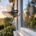 Small songbird flying toward a reflective house window that mirrors trees and sky