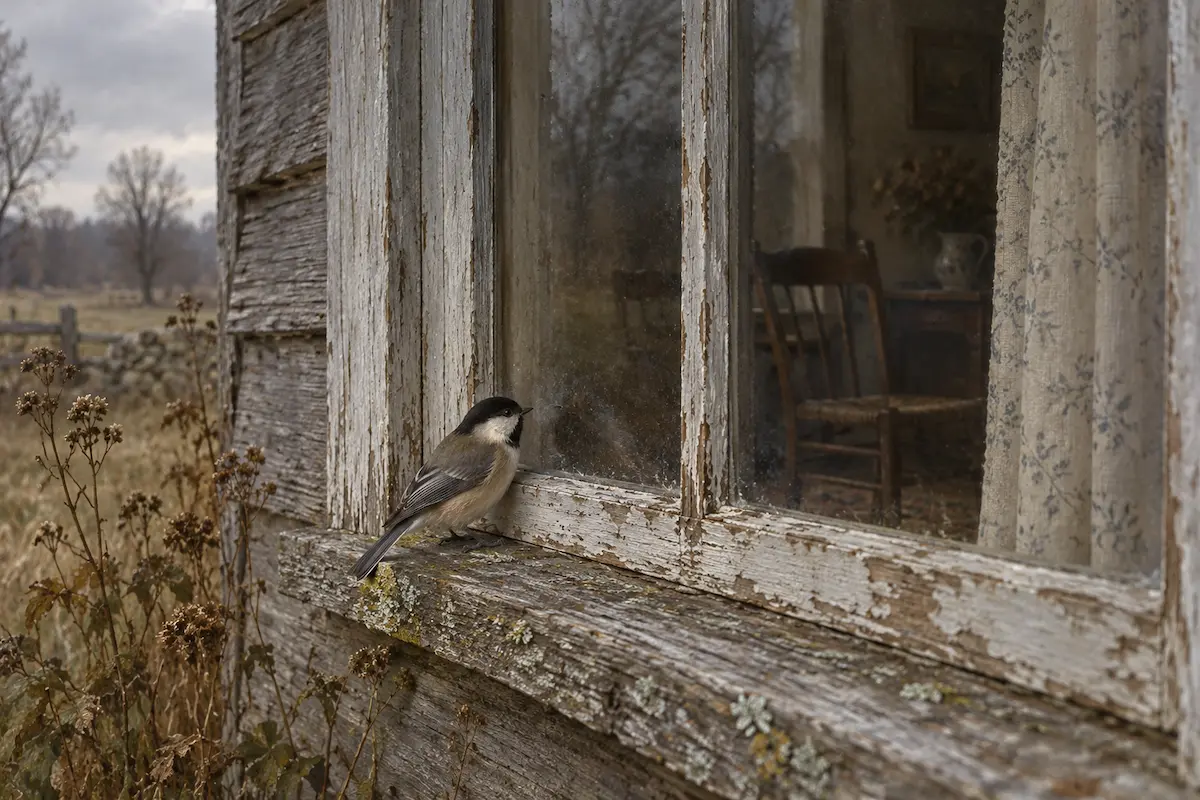 Small wild bird perched on the outside sill of an old farmhouse window, looking into the room