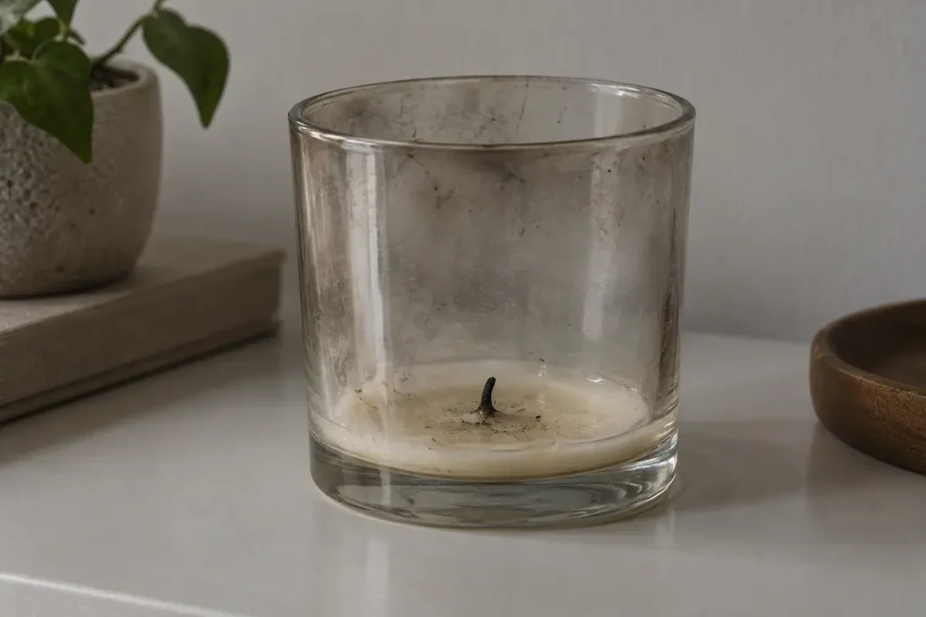 A glass candle jar with only a thin layer of wax left at the bottom and a dark wick stub