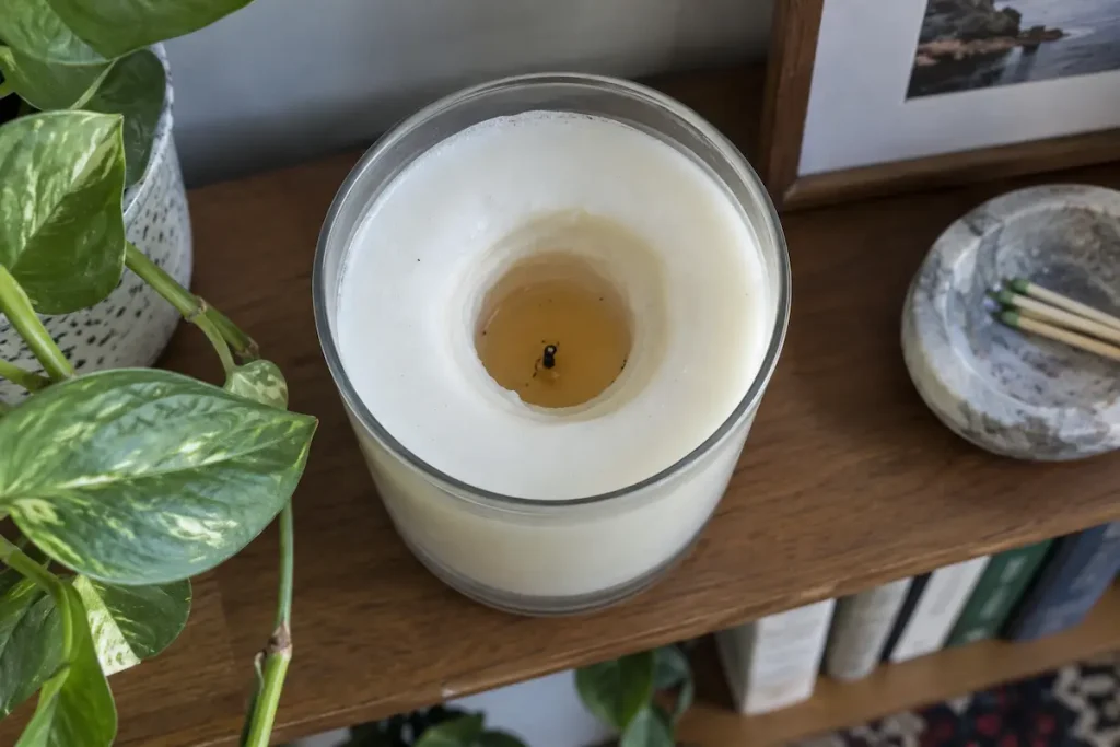 A tunneled container candle with a narrow burned well surrounded by a thick ring of unmelted wax