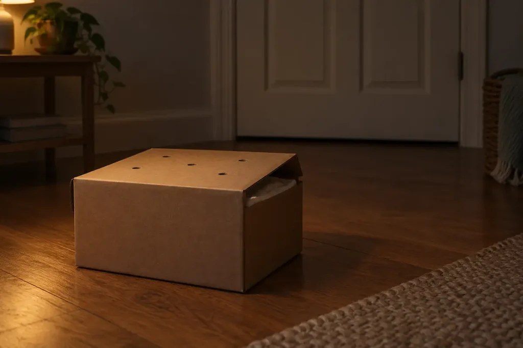 Small closed cardboard box lined with paper towel, resting in a dim, quiet room