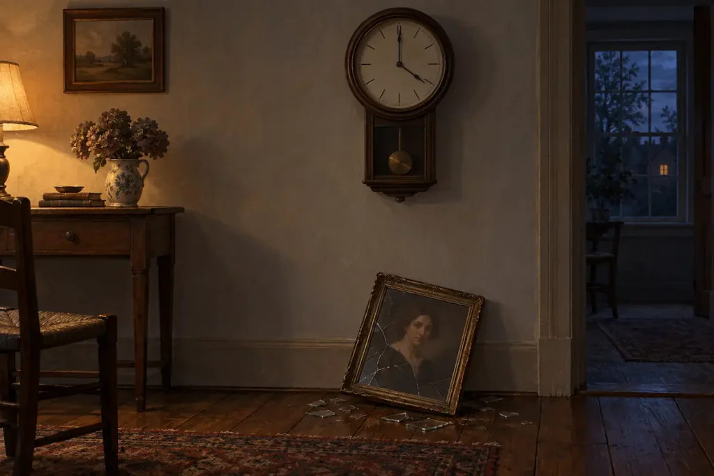 Cracked glass in a picture frame still hanging level on the wall