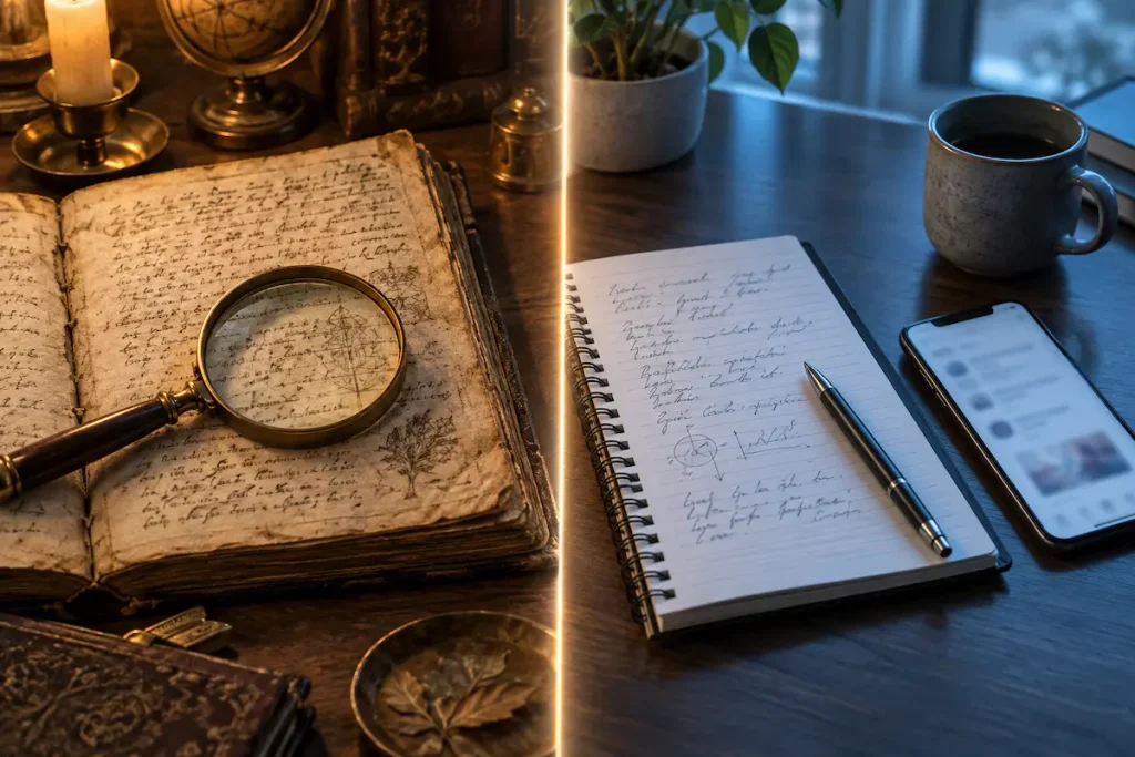 Aged manuscript with a magnifying glass beside a modern notebook and phone, divided by a line of light