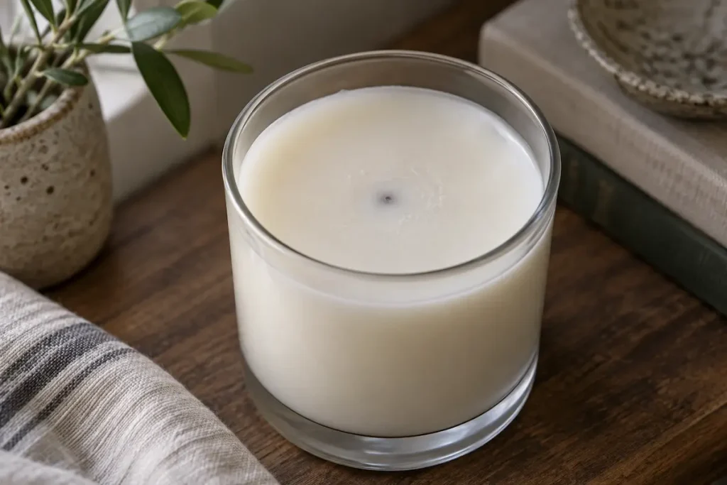 A short candle wick sunk beneath a layer of hardened wax in an unlit container candle