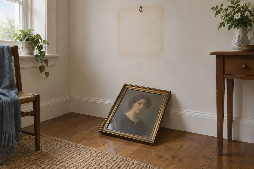 Framed portrait tilted on the floor under a bare picture hook